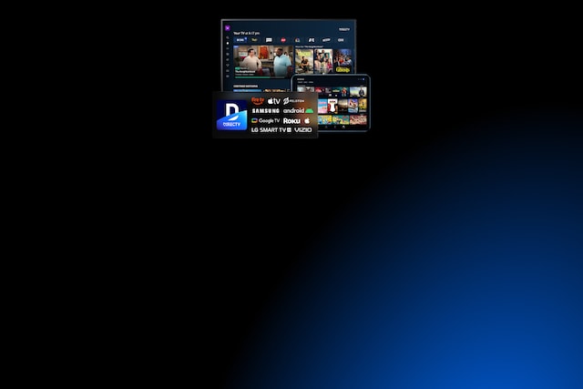 The directv app logo and compatible device logos for amazon fire, apple tv, peloton, apple, samsung, android, roku, google tv and vizio are presented in front of a tv and tablet device showing the directv app in use.