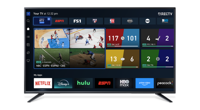 DIRECTV interface showing multiple live sports streams, scores, and apps like Netflix, Disney+, Hulu, and HBO Max.
