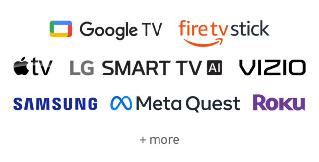 Logos for supported devices including Apple TV, Roku, Google TV, Fire TV Stick, LG Smart TV, Samsung, and Vizio.