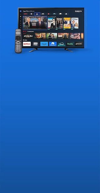 An image of the your tv menu of the directv app is shown on a flat screen tv with tiles of channel and show options. Accompanied by a directv remote