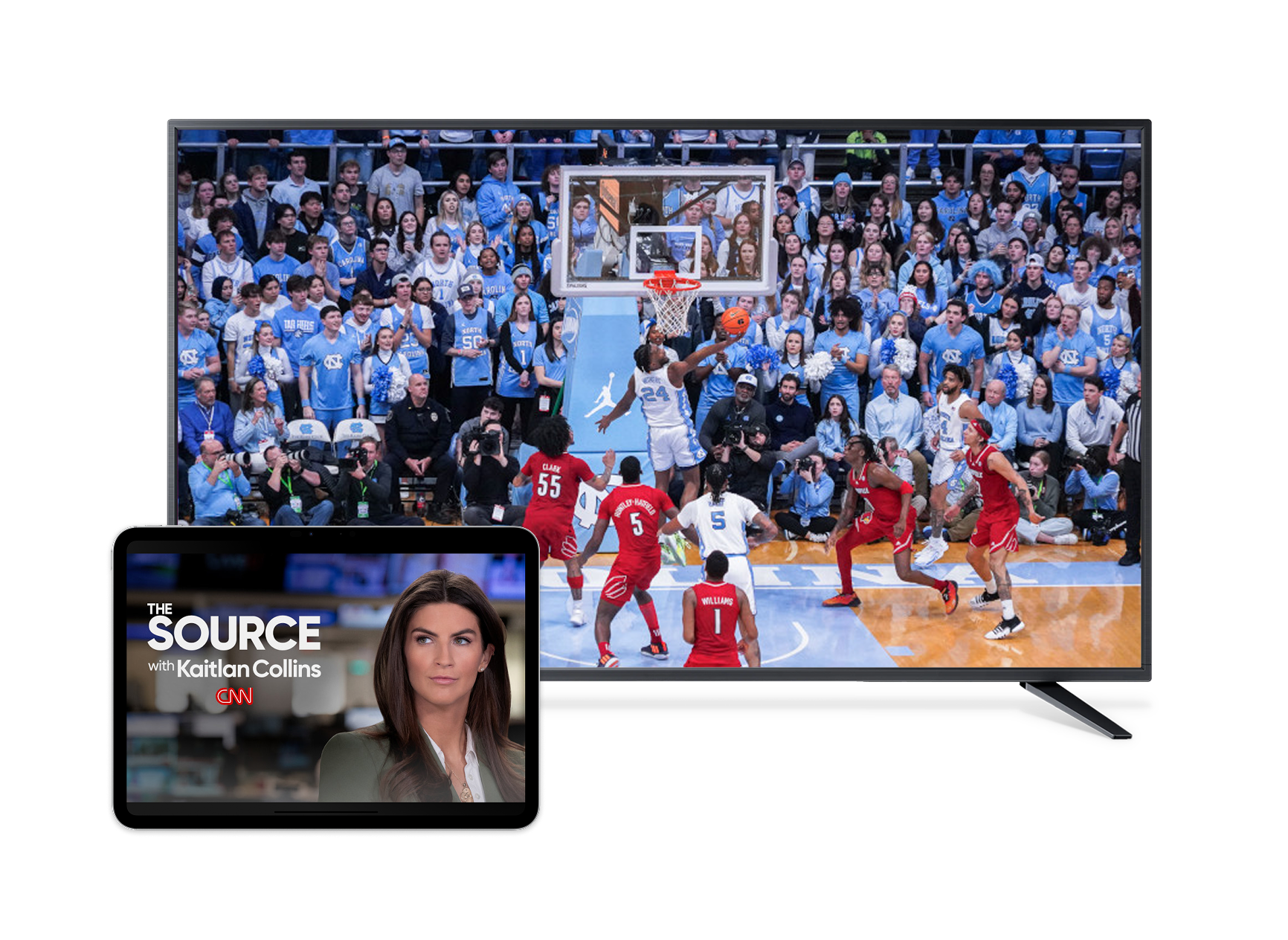 A TV screen shows the my sports plus my sports extra genre pack combo name with a preview of the ESPN Unlimited app logo and various sports channels that are included in the package. A tablet and phone device are also shown with football imagery and the nfl redzone logo. 