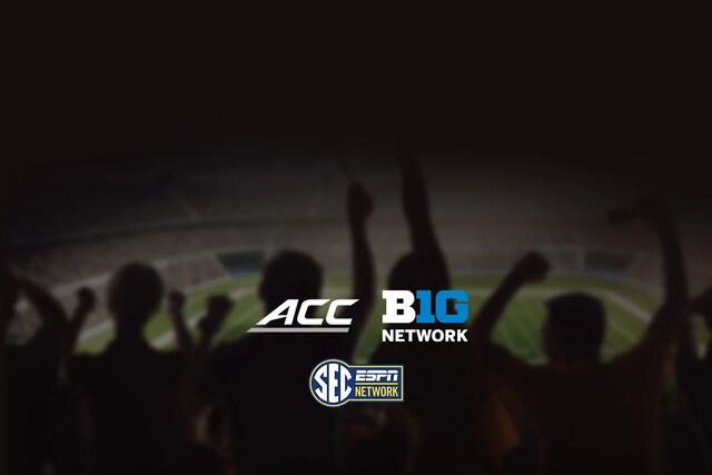 A sport court background with college sports programming logos, ACC, Big Ten, SEC